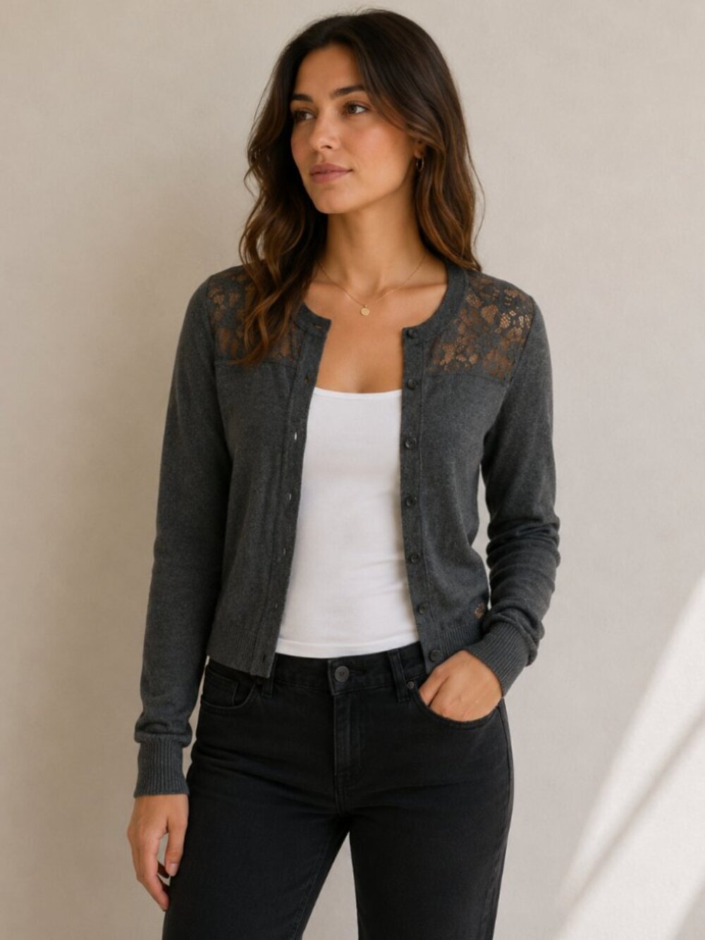 NWT Hollister Lace Cardigan Size XS Sweater Long Sleeves Dark Gray